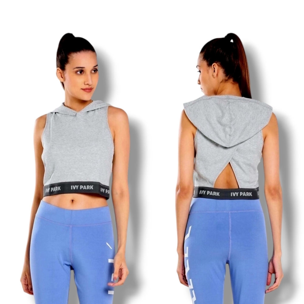 IVY PARK Women's Gray Activewear Cross Back Hooded Crop Tank Top